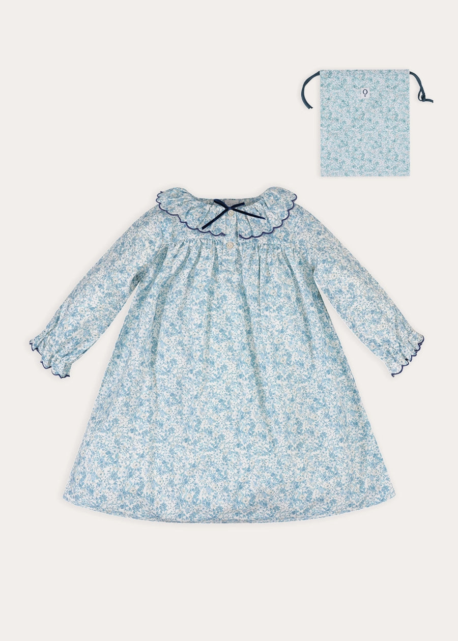 Maisie Floral Frill Collar Long Sleeve Night Dress in Blue (2-8yrs) Nightwear from Pepa London