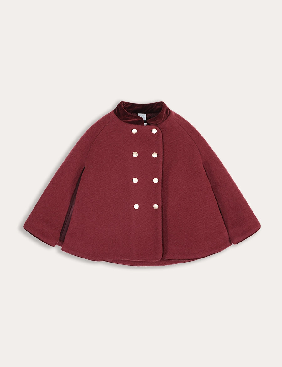 Velvet Collar Cape With Gold Buttons in Burgundy (2-8yrs) Coats from Pepa London