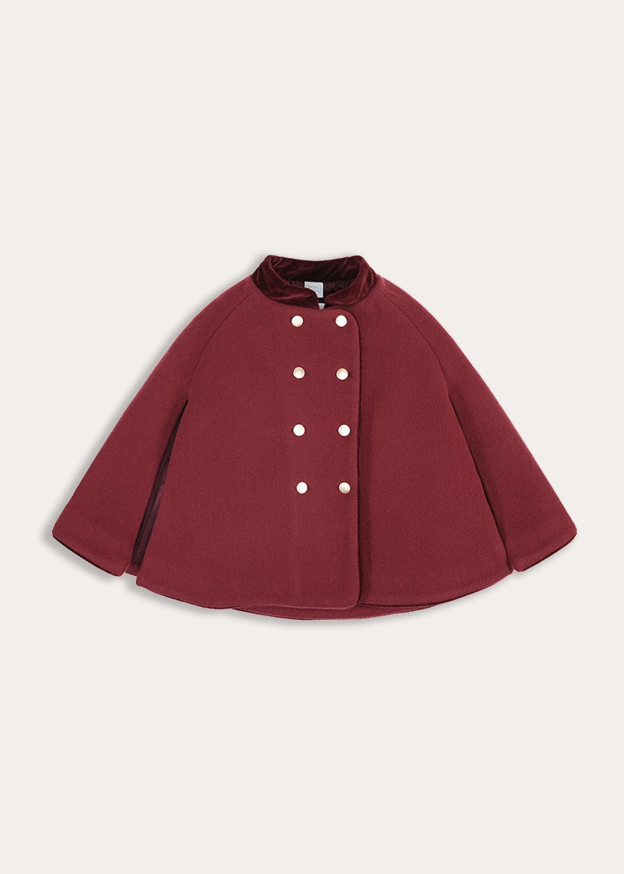 Velvet Collar Cape With Gold Buttons in Burgundy (2-8yrs) Coats from Pepa London