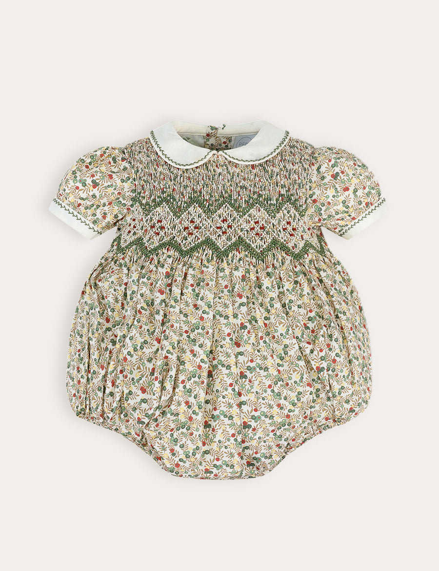 Evelyn Floral Hand Smocked Romper in Green (6mths-3yrs) Rompers from Pepa London