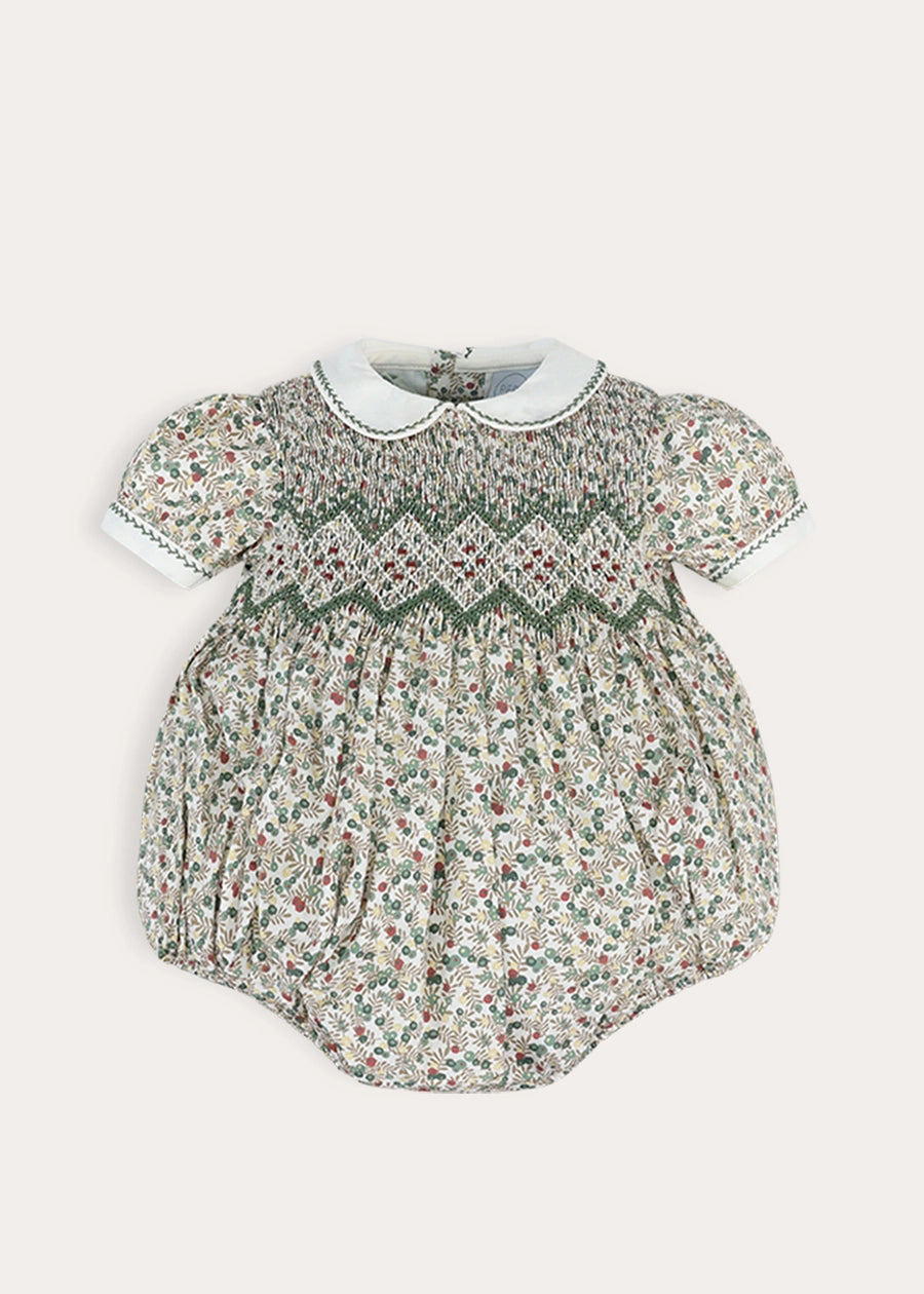 Evelyn Floral Hand Smocked Romper in Green (6mths-3yrs) Rompers from Pepa London