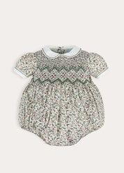 Evelyn Floral Hand Smocked Romper in Green (6mths-3yrs) Rompers from Pepa London