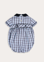 Kingsley Check Hand Smocked Romper in Blue (6mths-3yrs) Rompers from Pepa London