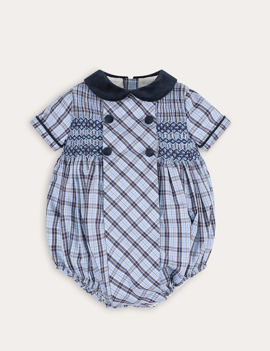 Kingsley Check Hand Smocked Romper in Blue (6mths-3yrs) Rompers from Pepa London