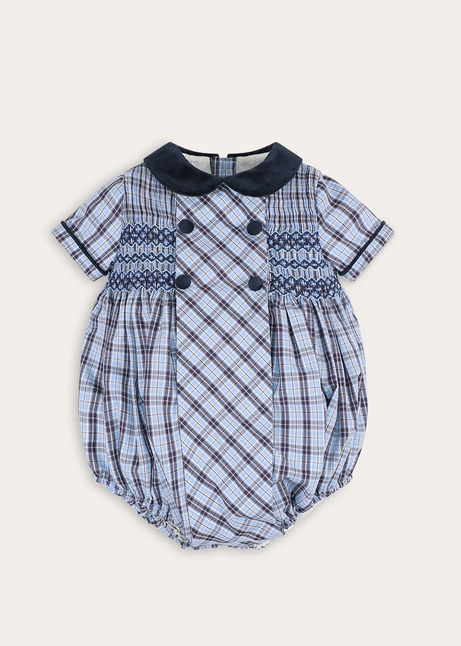 Kingsley Check Hand Smocked Romper in Blue (6mths-3yrs) Rompers from Pepa London