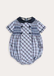 Kingsley Check Hand Smocked Romper in Blue (6mths-3yrs) Rompers from Pepa London