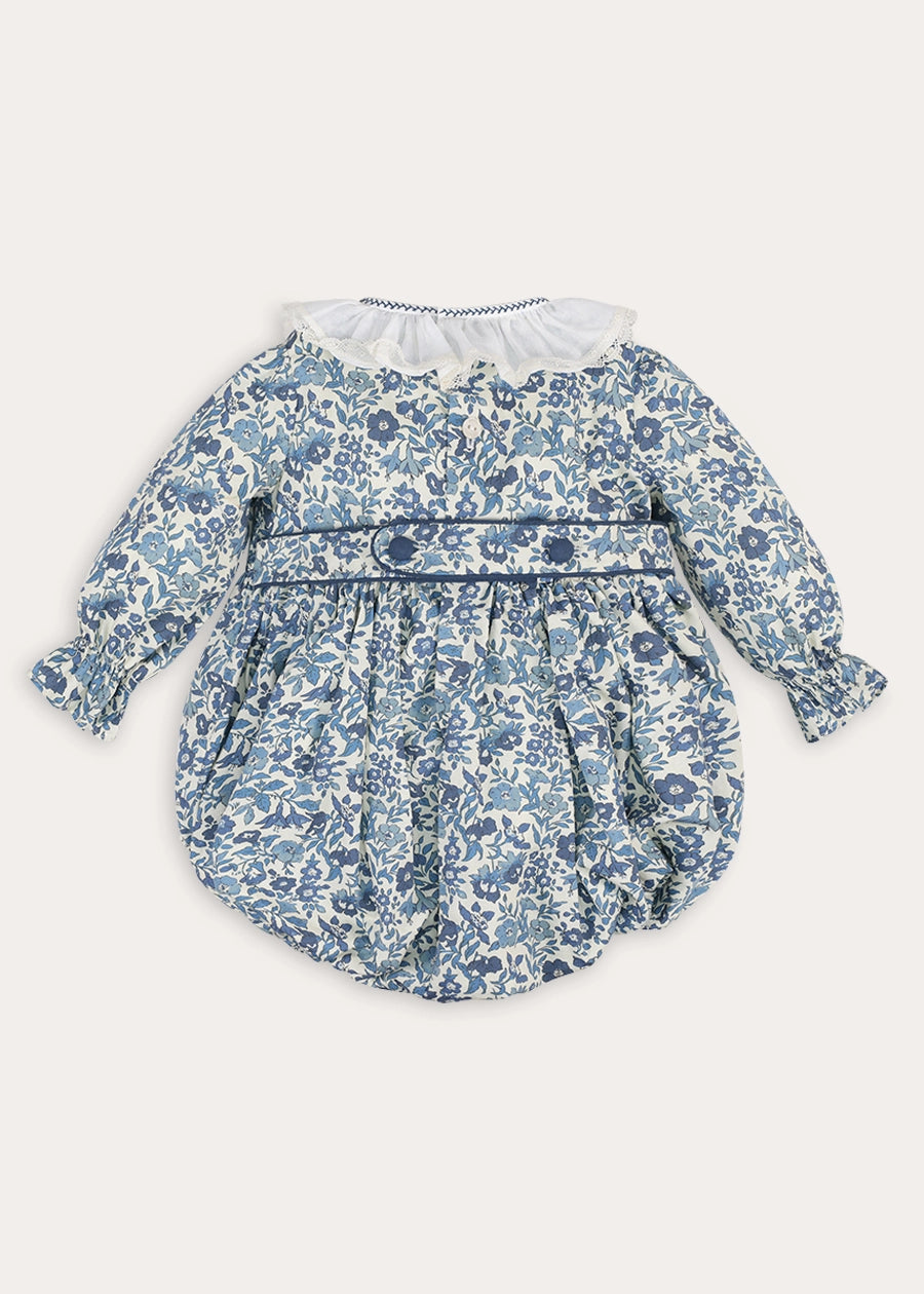 Daphne Floral Hand Smocked Long Sleeve Romper in Blue (6mths-3yrs) Rompers from Pepa London