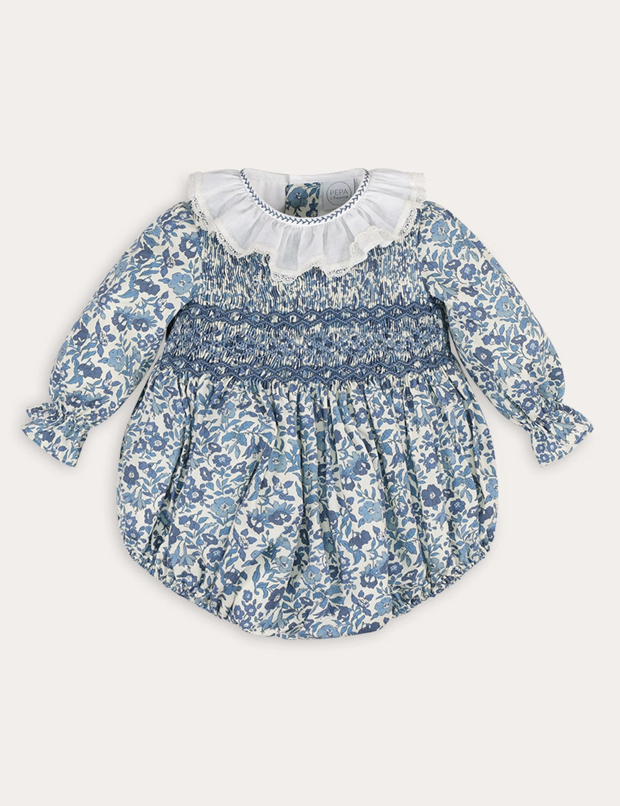 Daphne Floral Hand Smocked Long Sleeve Romper in Blue (6mths-3yrs) Rompers from Pepa London