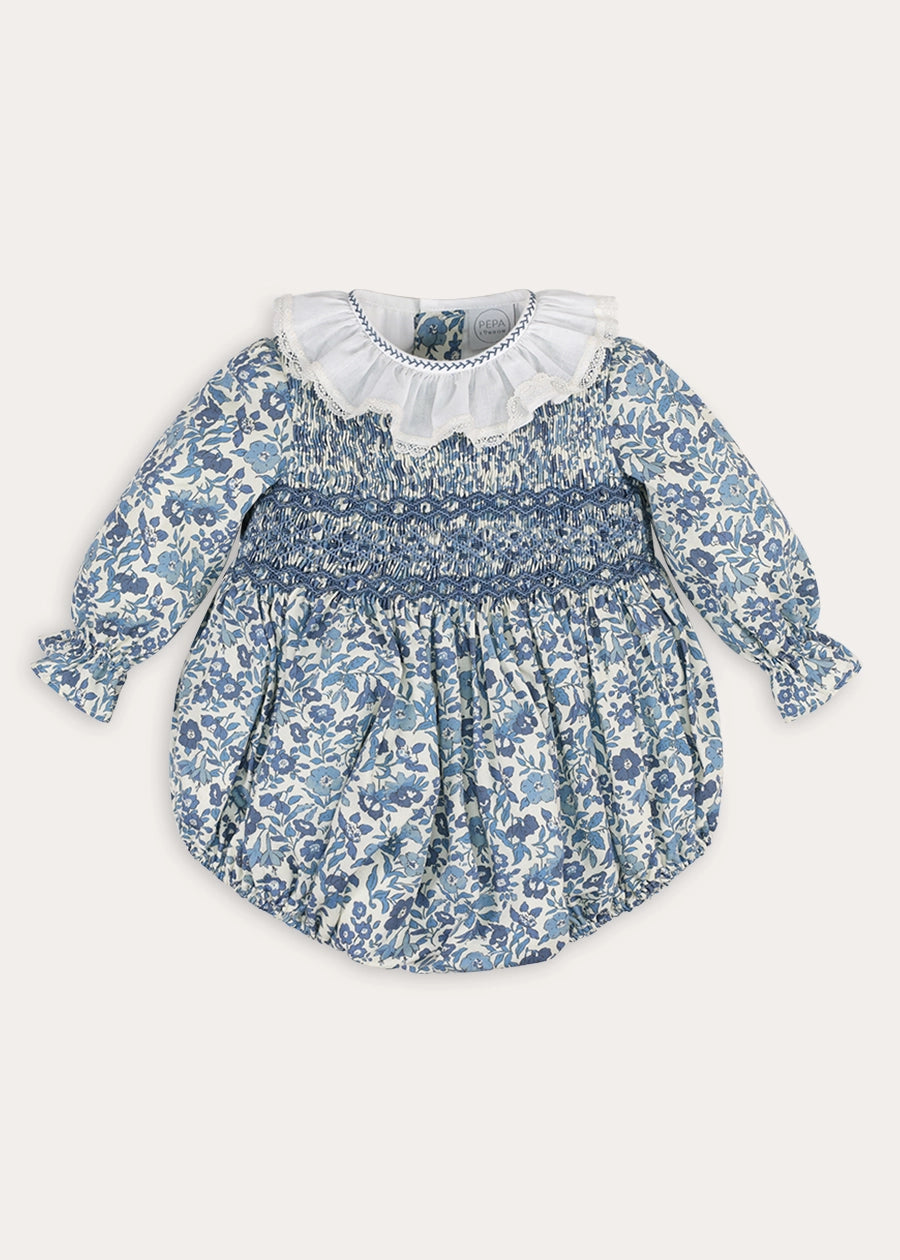 Daphne Floral Hand Smocked Long Sleeve Romper in Blue (6mths-3yrs) Rompers from Pepa London