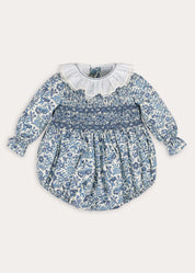 Daphne Floral Hand Smocked Long Sleeve Romper in Blue (6mths-3yrs) Rompers from Pepa London
