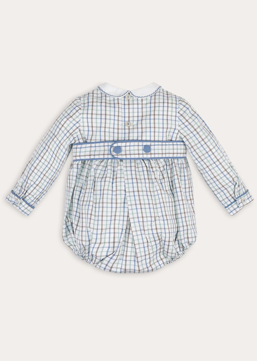 Beaumont Check Long Sleeve Romper in Blue (6mths-3yrs) Rompers from Pepa London