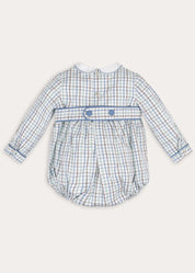 Beaumont Check Long Sleeve Romper in Blue (6mths-3yrs) Rompers from Pepa London