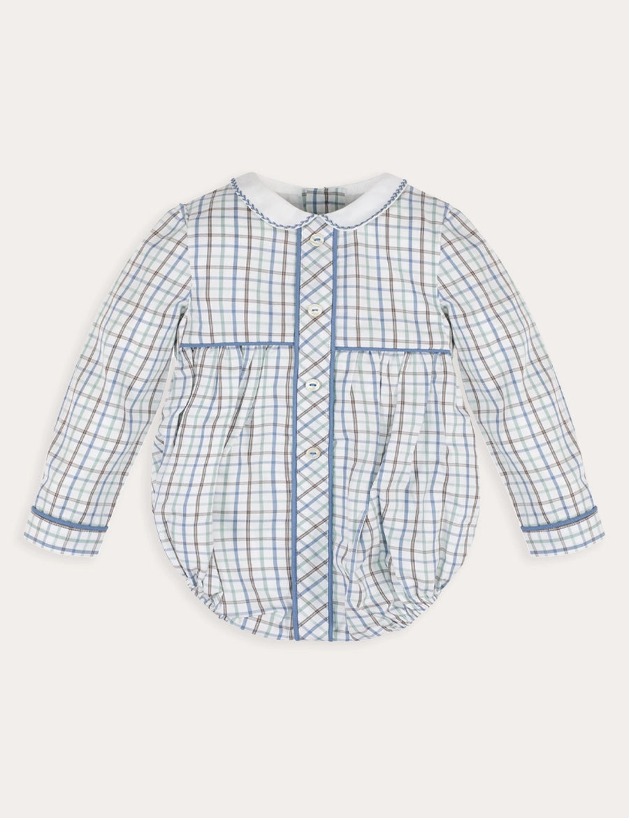 Beaumont Check Long Sleeve Romper in Blue (6mths-3yrs) Rompers from Pepa London