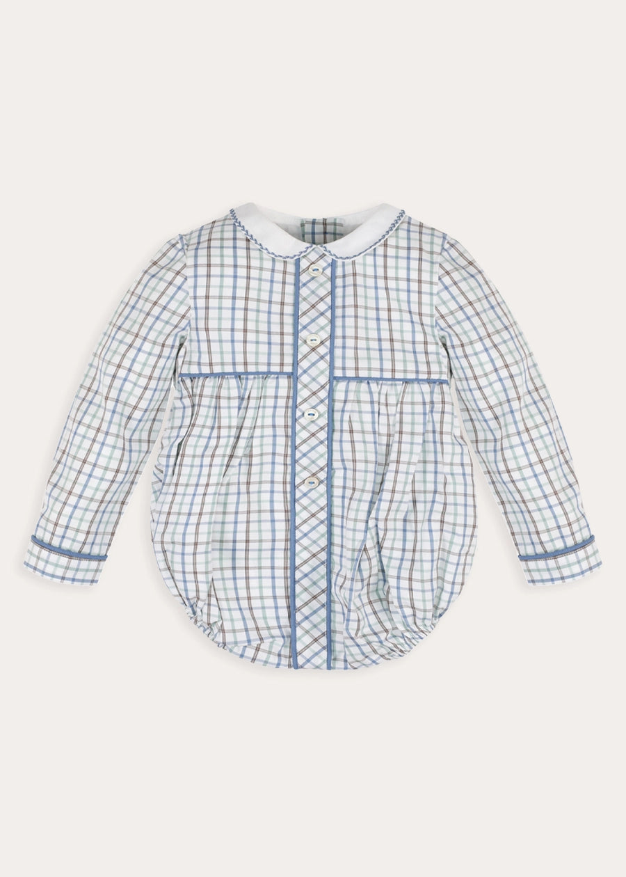 Beaumont Check Long Sleeve Romper in Blue (6mths-3yrs) Rompers from Pepa London
