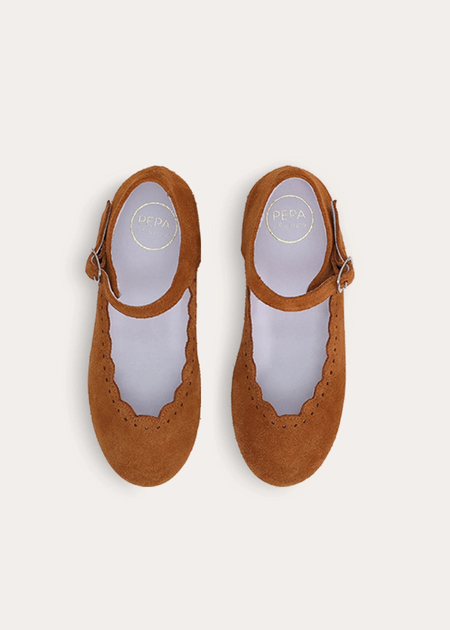Suede Camel Brogue Detail Mary Jane Shoes in Camel (24-36EU) Shoes from Pepa London