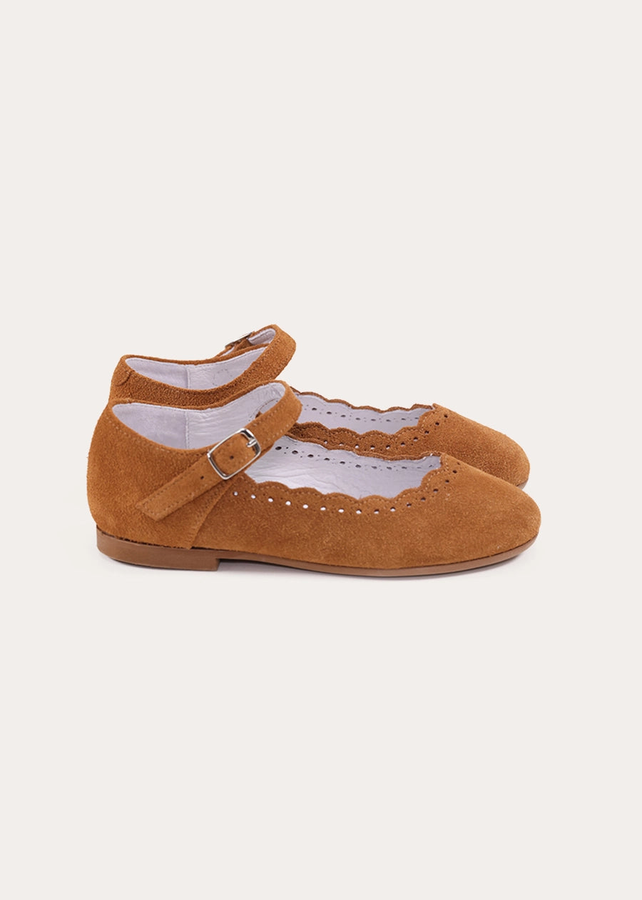 Suede Camel Brogue Detail Mary Jane Shoes in Camel (24-36EU) Shoes from Pepa London