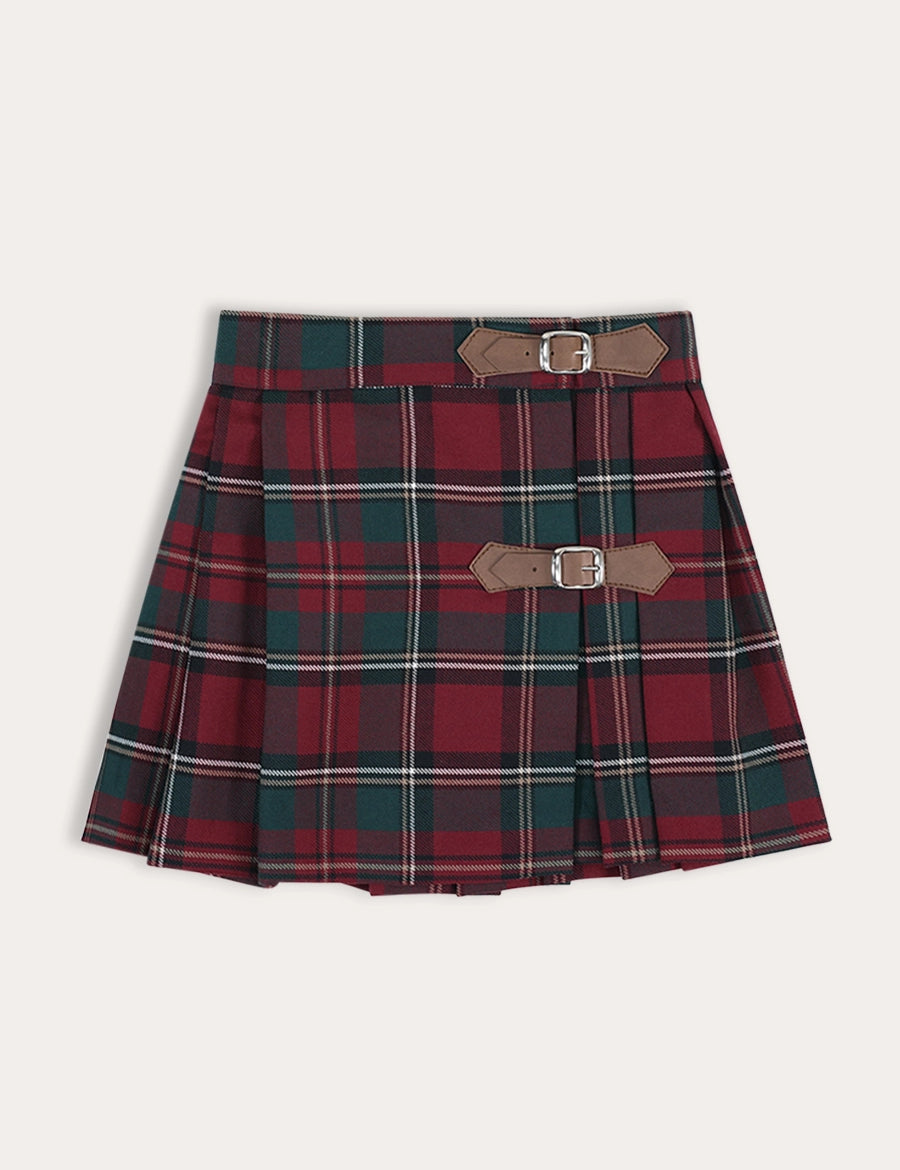 Balmoral Tartan Buckle Detail Pleated Skirt in Burgundy (3-10yrs) Skirts from Pepa London