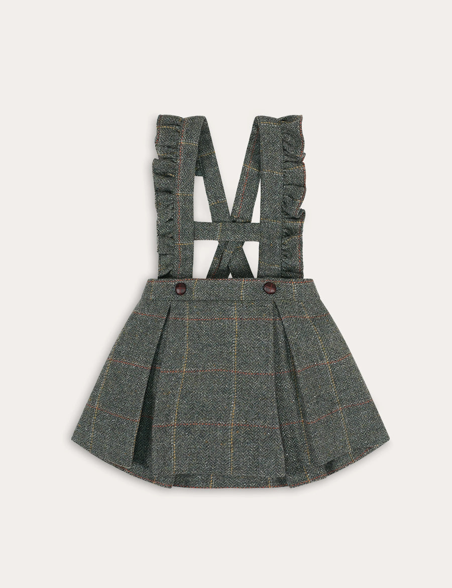 Harrington Tweed Skirt With Ruffle Braces in Brown (18mths-6yrs) Skirts from Pepa London