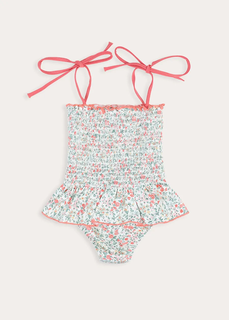 Violet Floral Smocked Swimsuit in Pink (2-10yrs) Swimwear from Pepa London