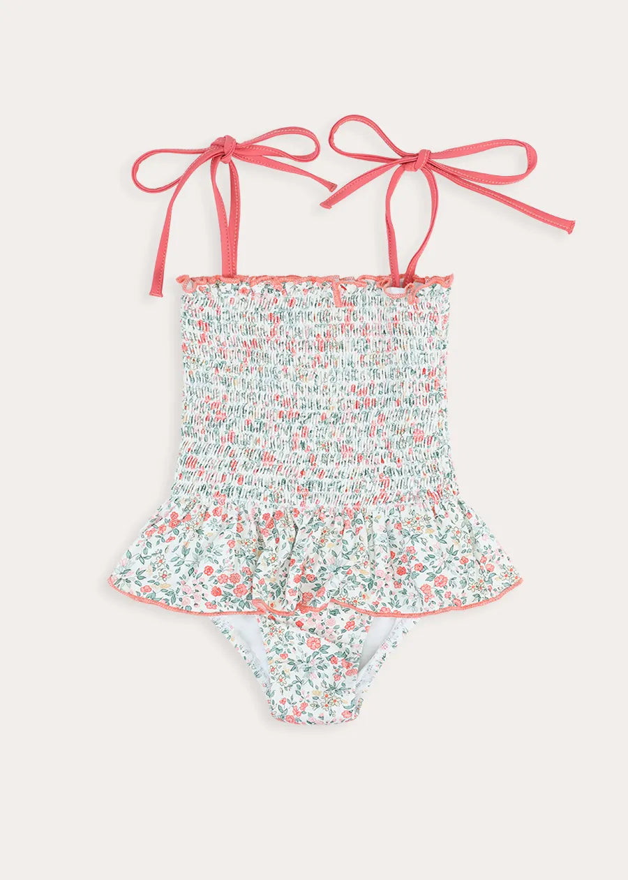 Violet Floral Smocked Swimsuit in Pink (2-10yrs) Swimwear from Pepa London