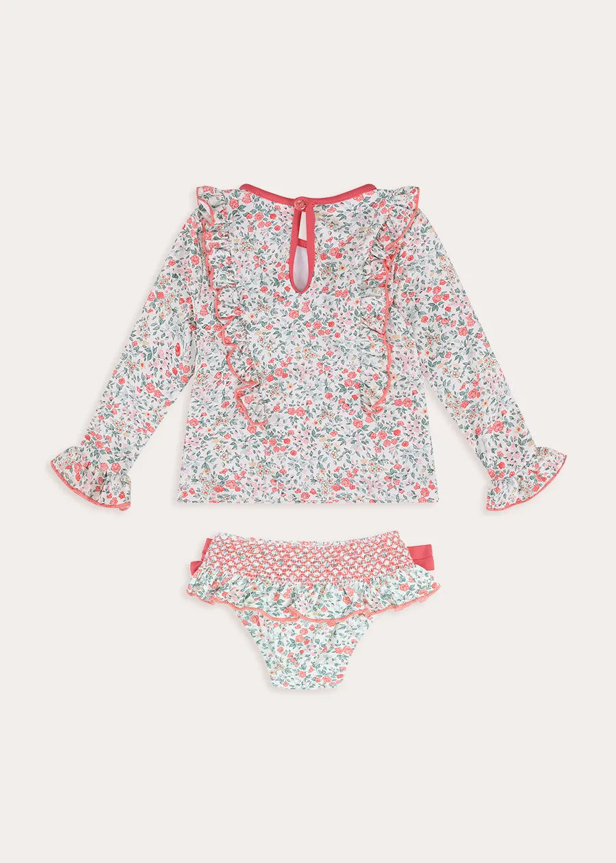 Violet Floral Bow Detail Long Sleeve Two Piece Swimsuit in Pink (2-10yrs) Nightwear from Pepa London