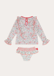 Violet Floral Bow Detail Long Sleeve Two Piece Swimsuit in Pink (2-10yrs) Nightwear from Pepa London