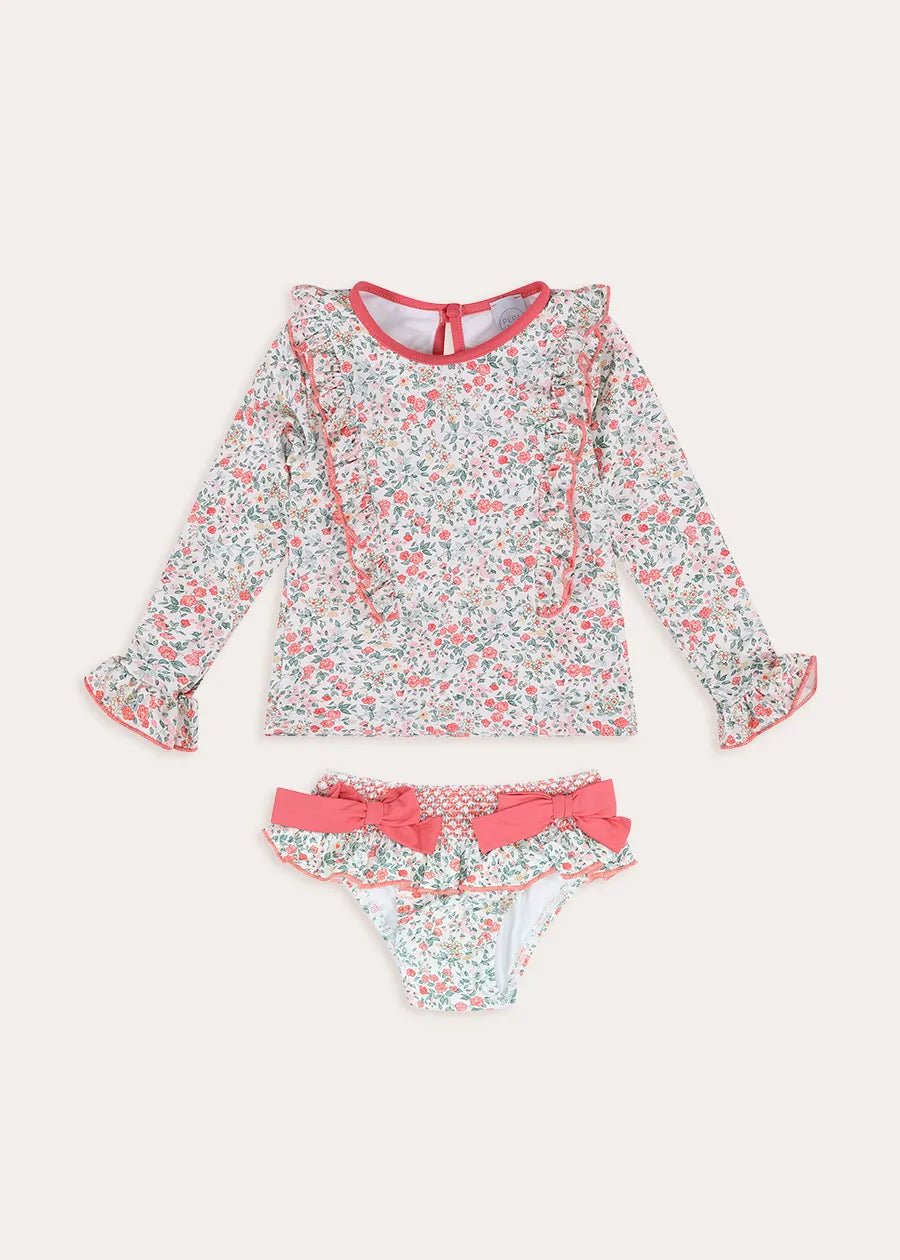 Violet Floral Bow Detail Long Sleeve Two Piece Swimsuit in Pink (2-10yrs) Nightwear from Pepa London