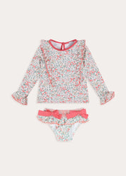 Violet Floral Bow Detail Long Sleeve Two Piece Swimsuit in Pink (2-10yrs) Nightwear from Pepa London