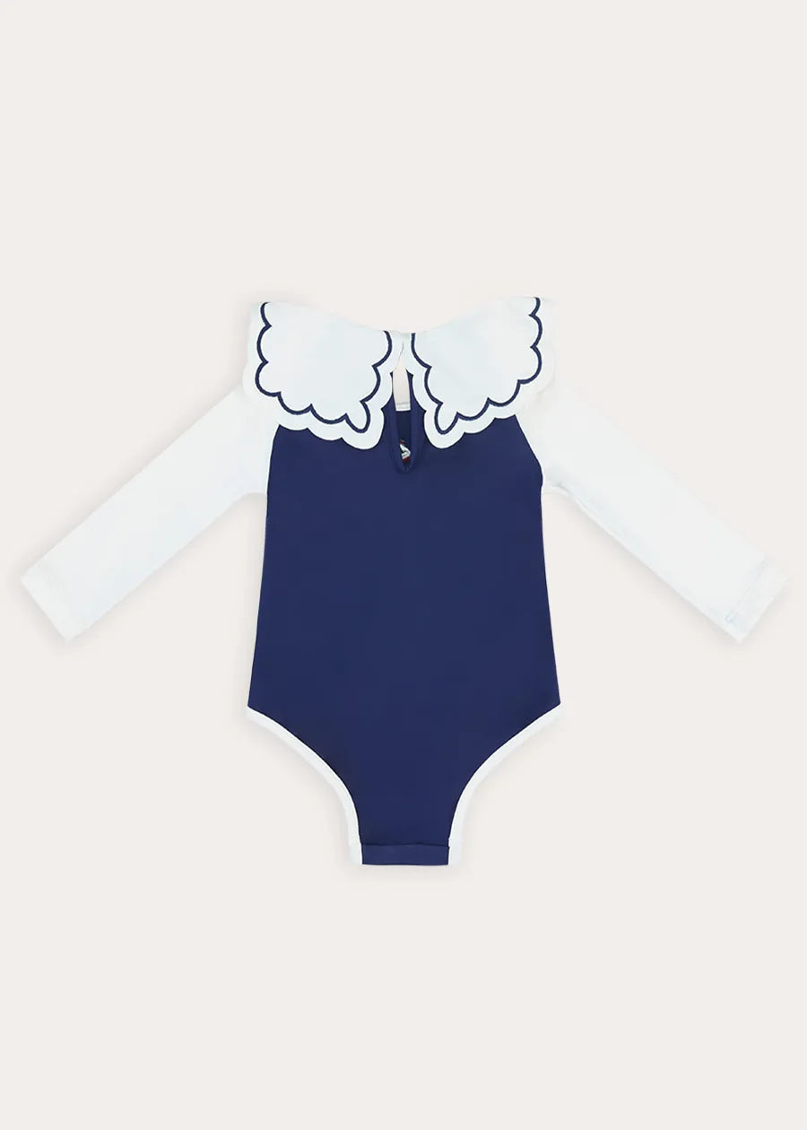 Ruffle Detail Long Sleeve Swimsuit in Navy (2-10yrs) Swimwear from Pepa London