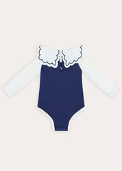 Ruffle Detail Long Sleeve Swimsuit in Navy (2-10yrs) Swimwear from Pepa London