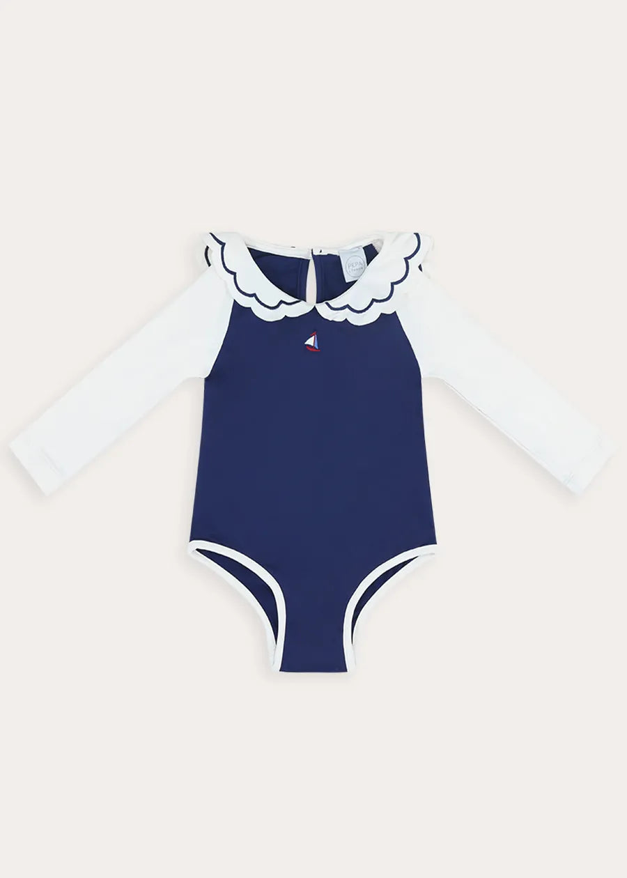 Ruffle Detail Long Sleeve Swimsuit in Navy (2-10yrs) Swimwear from Pepa London