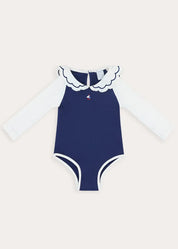 Ruffle Detail Long Sleeve Swimsuit in Navy (2-10yrs) Swimwear from Pepa London