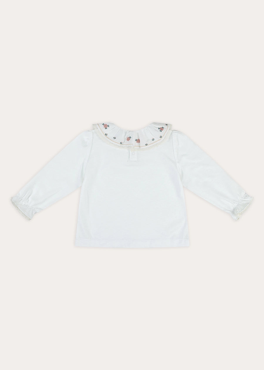 Floral Embroidered Frill Collar Long Sleeve Top in White (2-10yrs) Tops & Bodysuits from Pepa London
