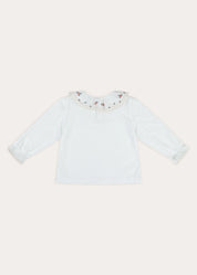 Floral Embroidered Frill Collar Long Sleeve Top in White (2-10yrs) Tops & Bodysuits from Pepa London