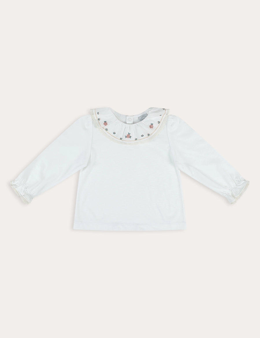 Floral Embroidered Frill Collar Long Sleeve Top in White (2-10yrs) Tops & Bodysuits from Pepa London