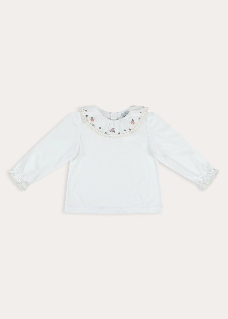 Floral Embroidered Frill Collar Long Sleeve Top in White (2-10yrs) Tops & Bodysuits from Pepa London