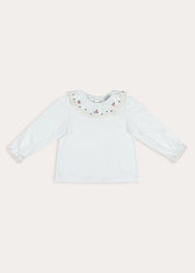 Floral Embroidered Frill Collar Long Sleeve Top in White (2-10yrs) Tops & Bodysuits from Pepa London