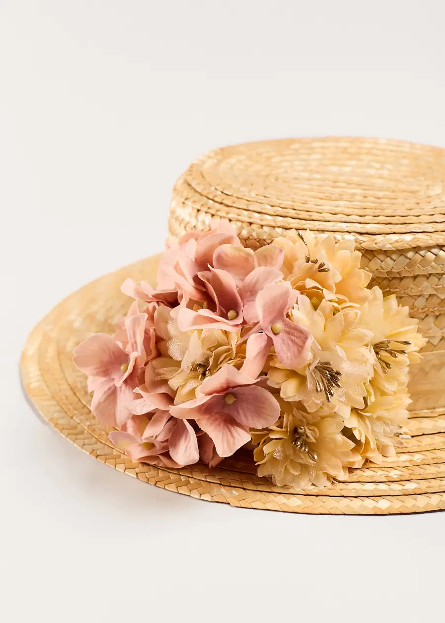 Faux Flower Straw Boater Hat in Light Pink Accessories from Pepa London