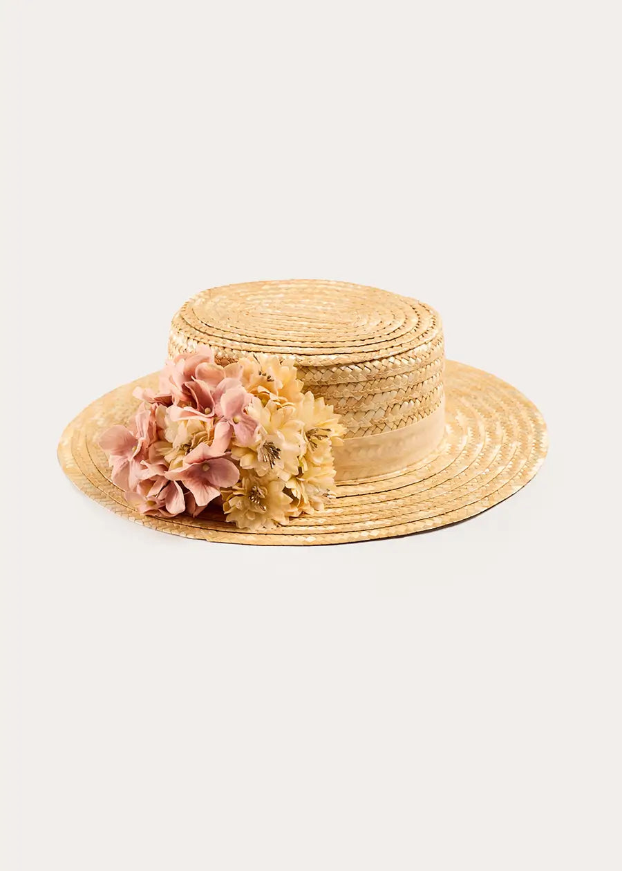 Faux Flower Straw Boater Hat in Light Pink Accessories from Pepa London