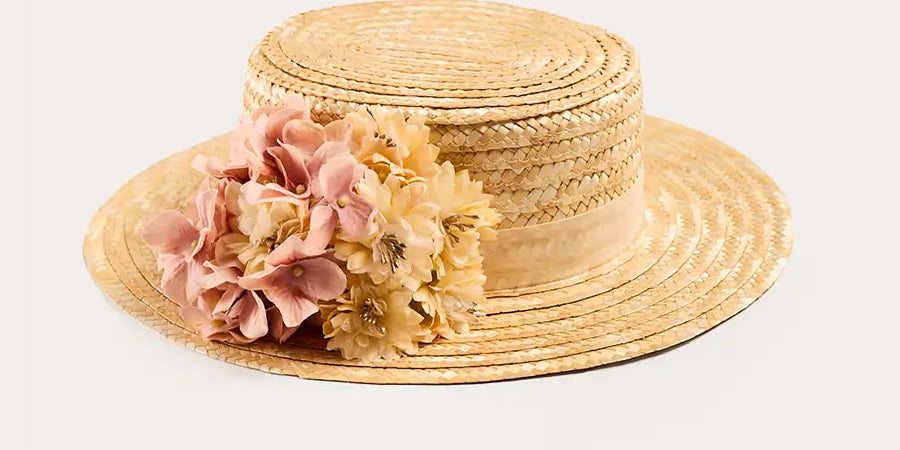 Faux Flower Straw Boater Hat in Light Pink Accessories from Pepa London