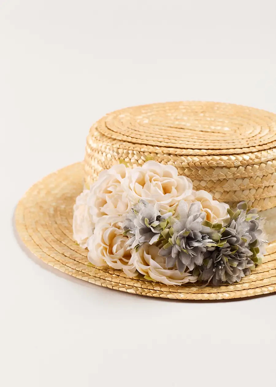 Faux Flower Straw Boater Hat in Teal Accessories from Pepa London