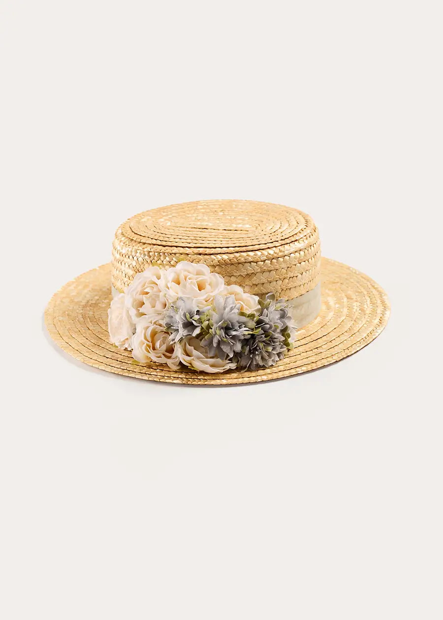 Faux Flower Straw Boater Hat in Teal Accessories from Pepa London