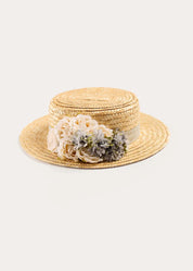 Faux Flower Straw Boater Hat in Teal Accessories from Pepa London