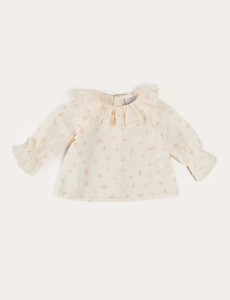 Esme Floral Ruffle Collar Long Sleeve Blouse in White (1-12mths) BLOUSES from Pepa London
