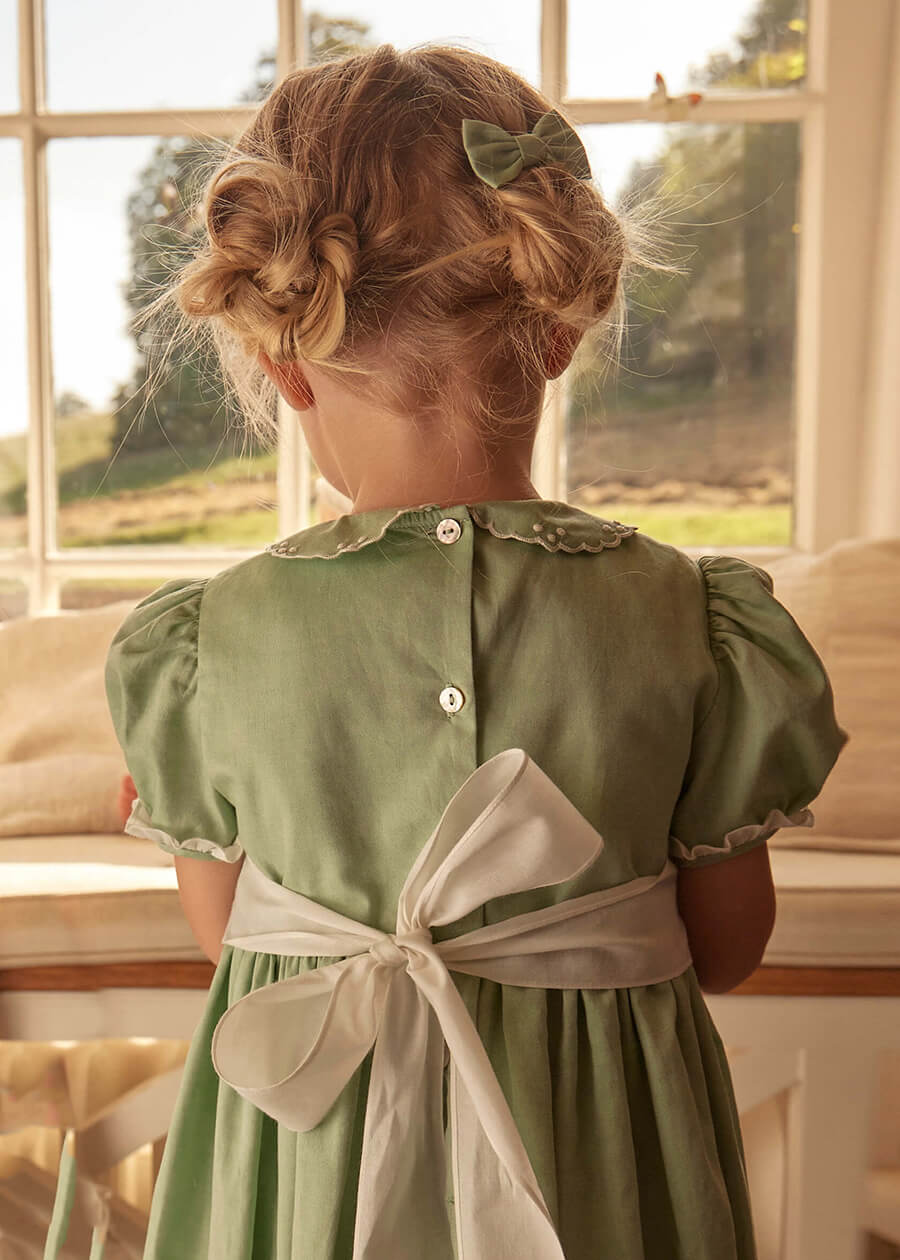 Hand Smocked Peter Pan Collar Short Sleeve Dress in Green (12mths-10yrs) Dresses  from Pepa London