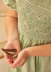 Hand Smocked Peter Pan Collar Short Sleeve Dress in Green (12mths-10yrs) Dresses  from Pepa London