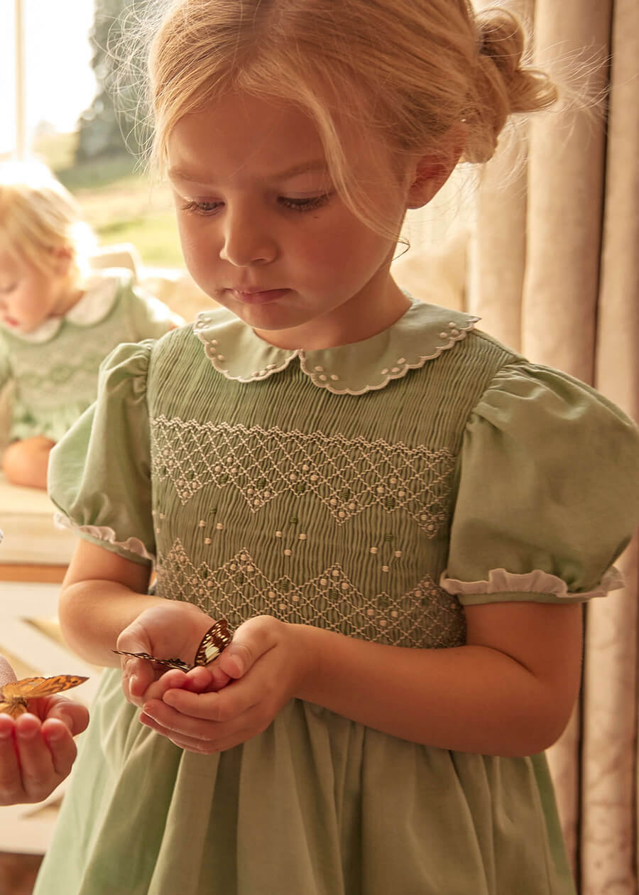 Hand Smocked Peter Pan Collar Short Sleeve Dress in Green (12mths-10yrs) Dresses  from Pepa London