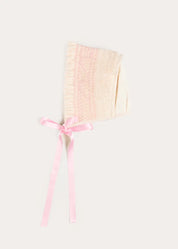 Off White and Pink Hand Smocked Baby Bonnet BONNETS from Pepa London