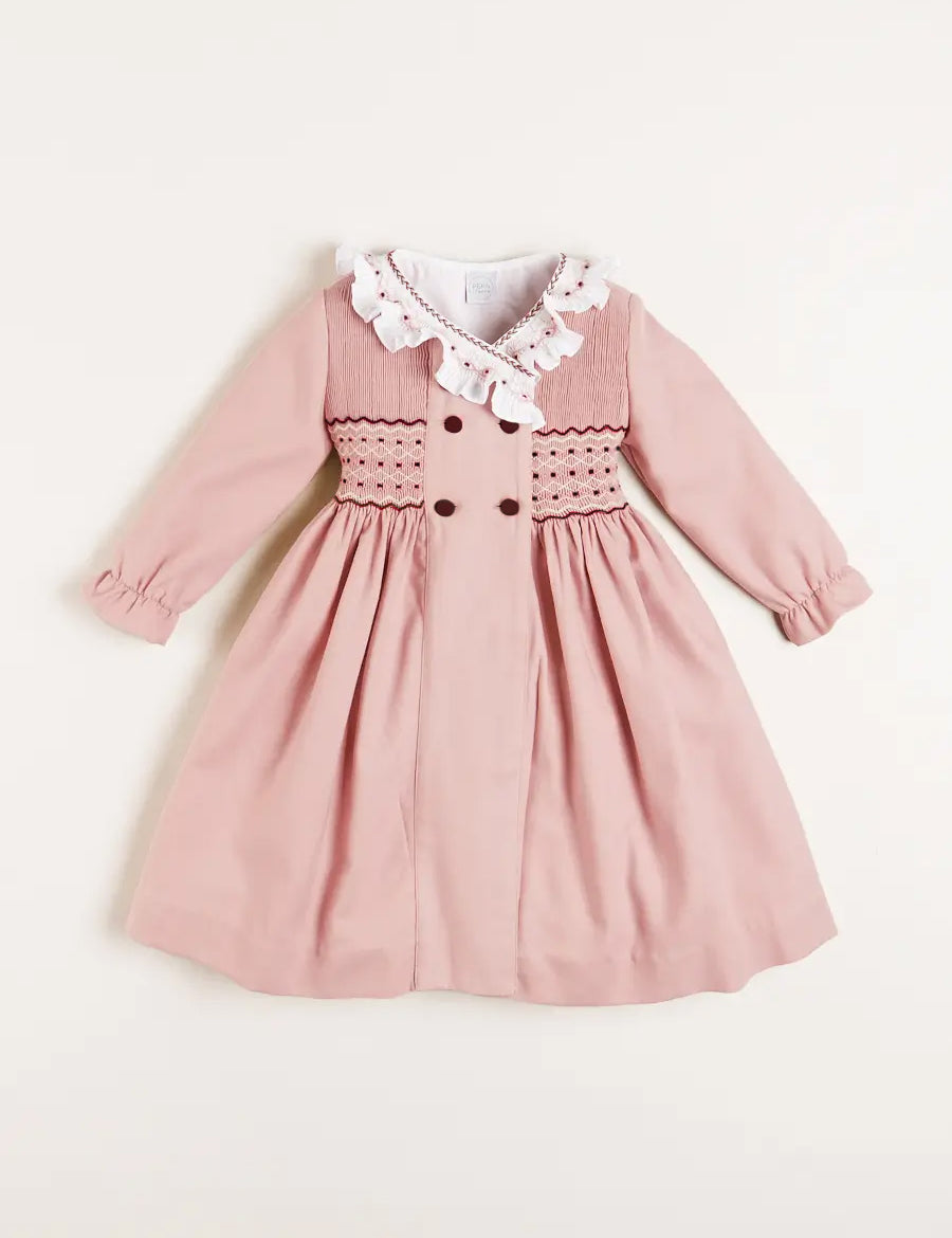 Hand Smocked Double Breasted Long Sleeve Dress in Pink (12mths-10yrs) Dresses  from Pepa London