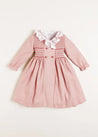 Handsmocked Double Breasted Long Sleeve Dress in Pink (12mths-10yrs) Dresses  from Pepa London